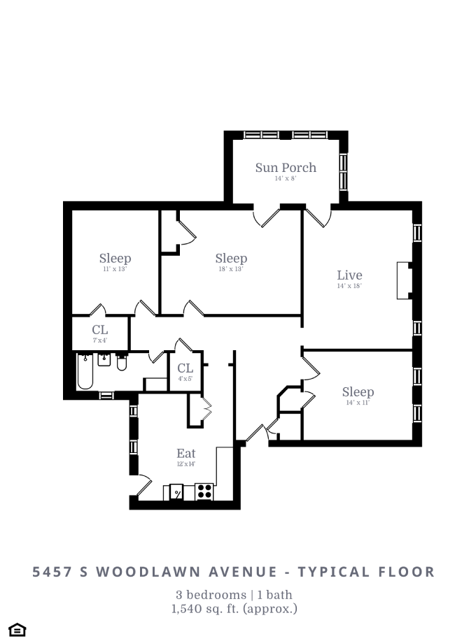 Floor plan for 3 beds, 1 bath, 1540 sqft